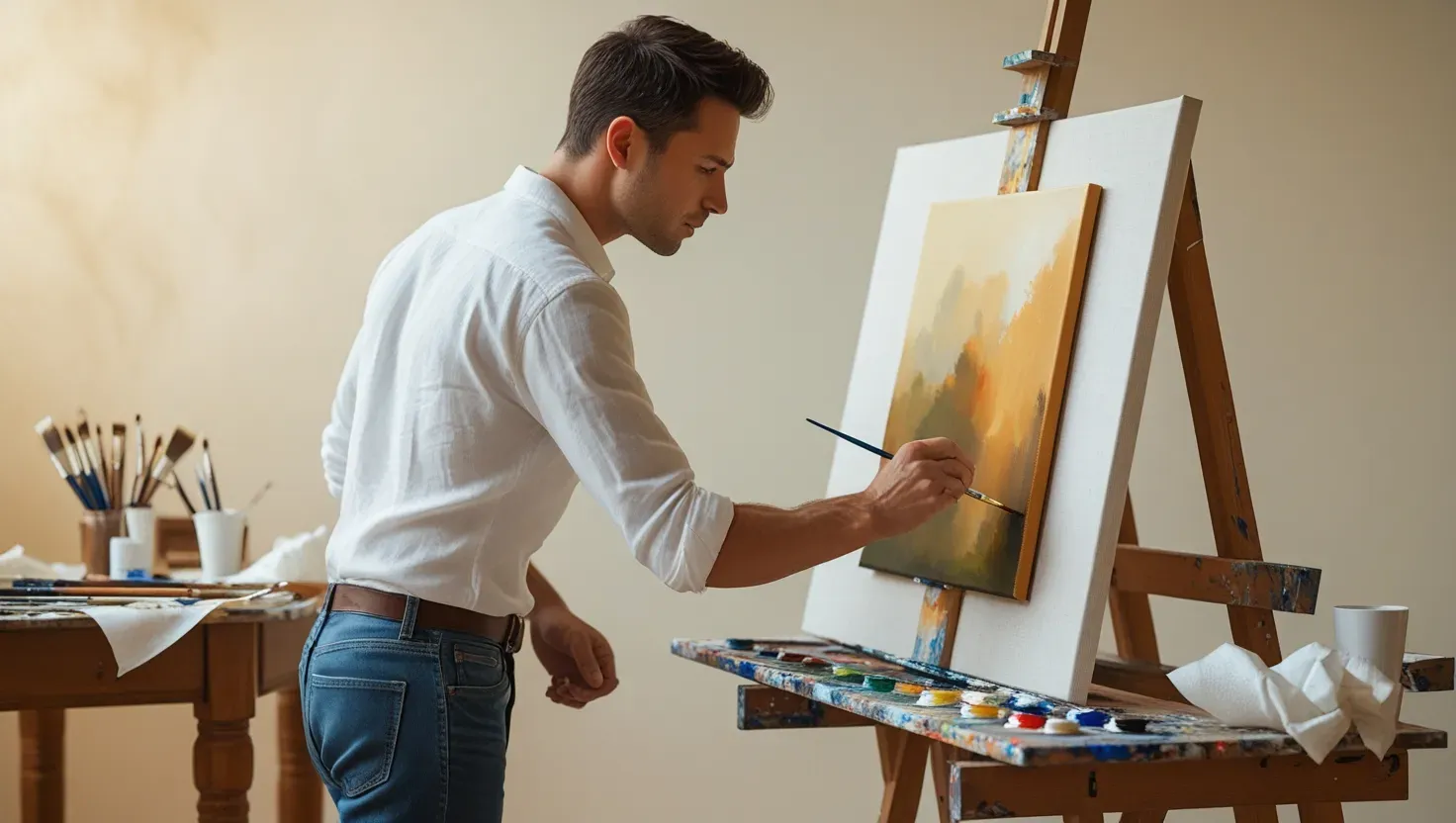 Artist applying oil paint to a stretched linen canvas, highlighting its taut surface