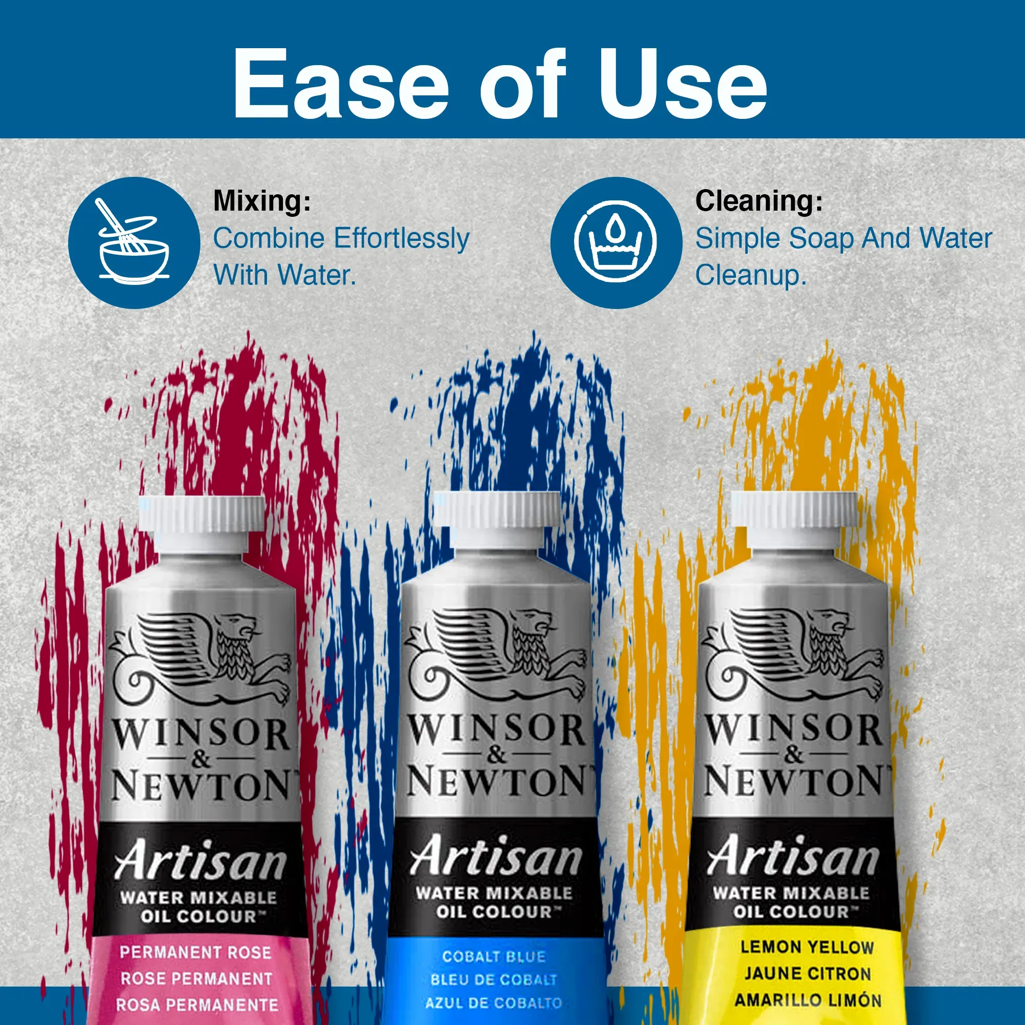 Close-up of individual Winsor & Newton Artisan Water Mixable Oil Paint tubes showing color labels and branding