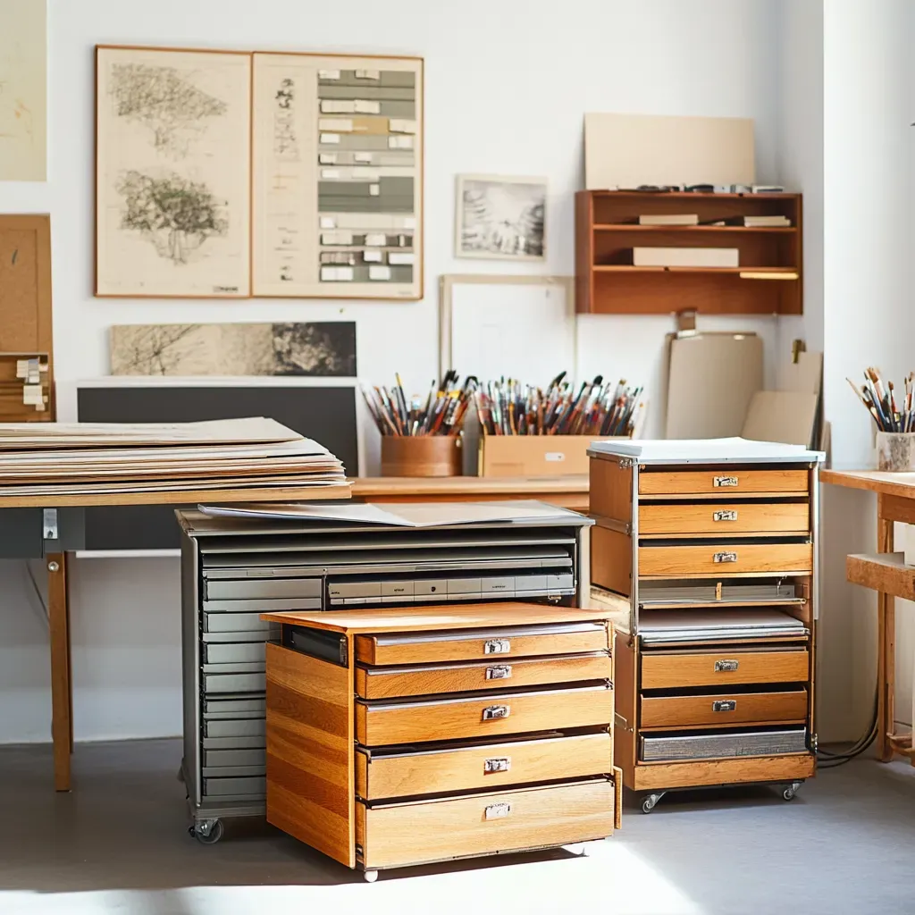 Artist evaluating different flat file cabinets by size and material in a studio
