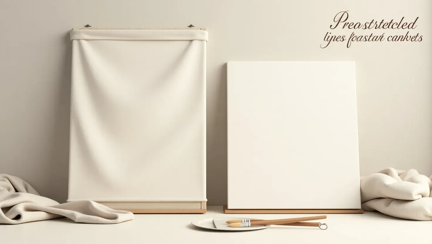 Artist hand-stretching linen canvas over a wooden frame