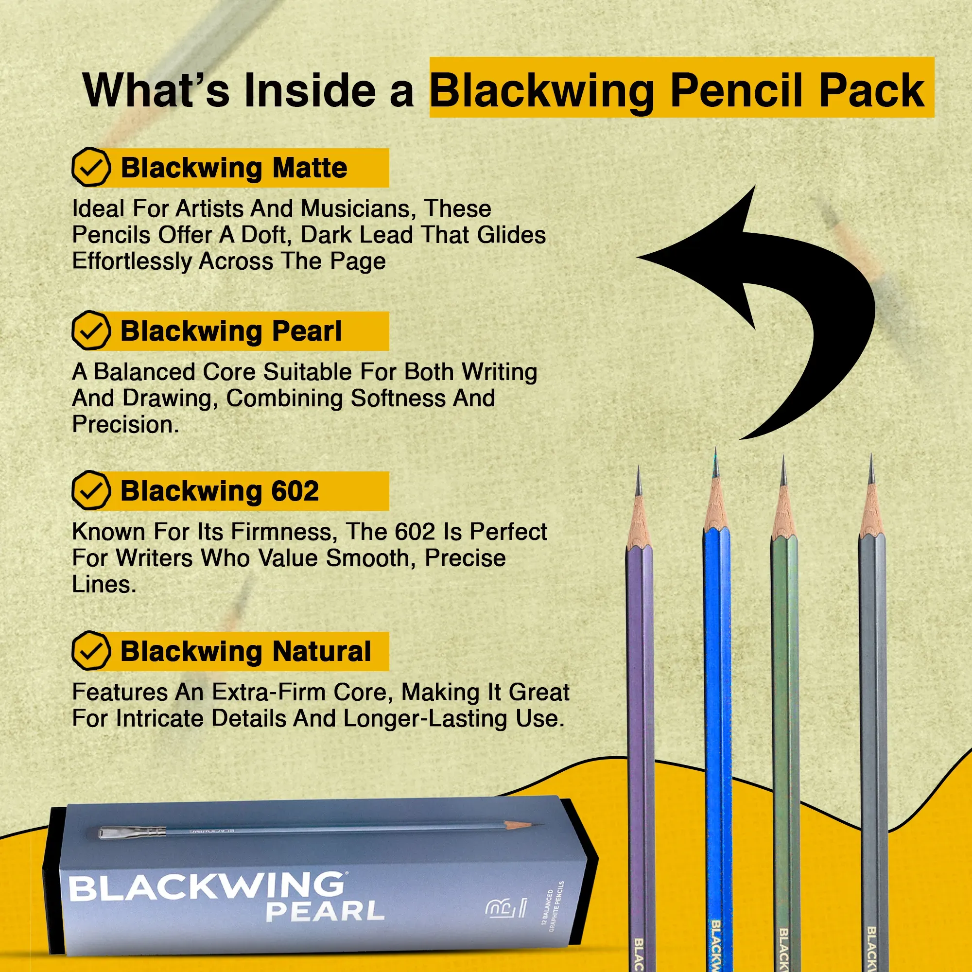 Variety pack of Blackwing pencils including soft, medium, and firm graphite cores side by side