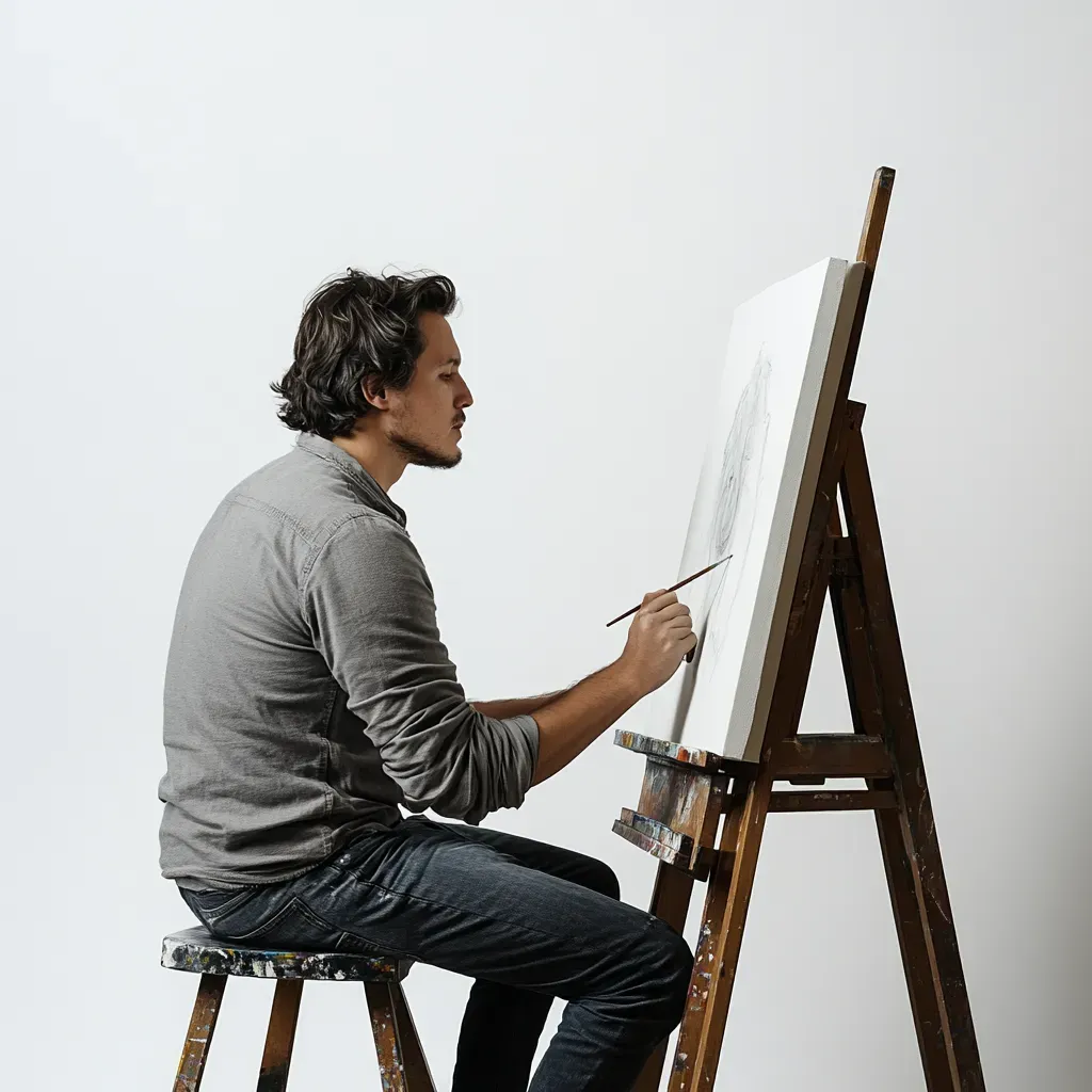 Artist adjusting easel height and tilt for ergonomic painting posture