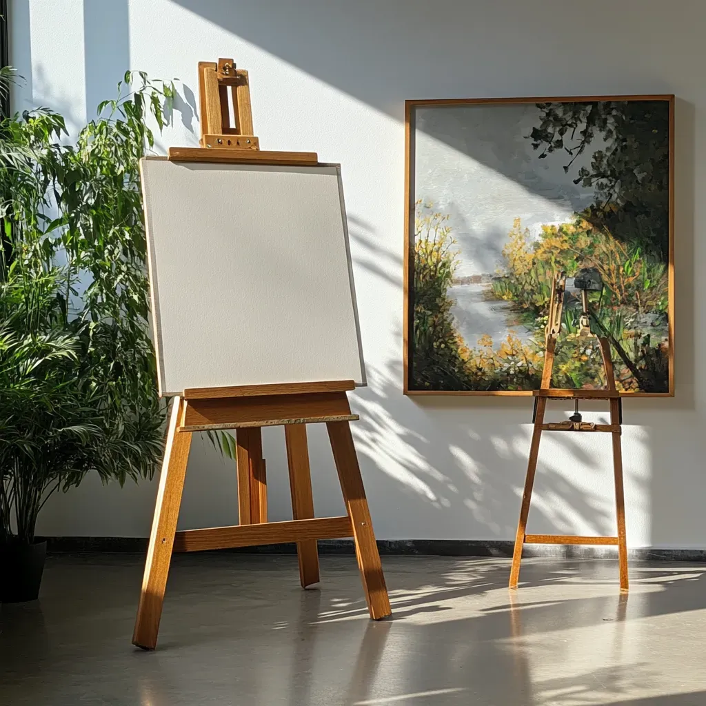 Side-by-side comparison of wooden and metal easels in an artist’s studio