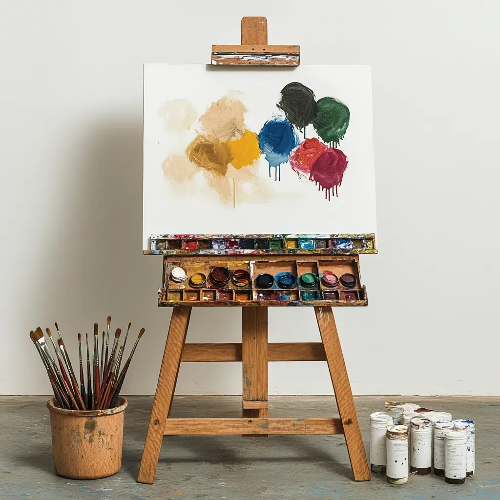 Collection of essential easel accessories like brush holders, trays, and lights