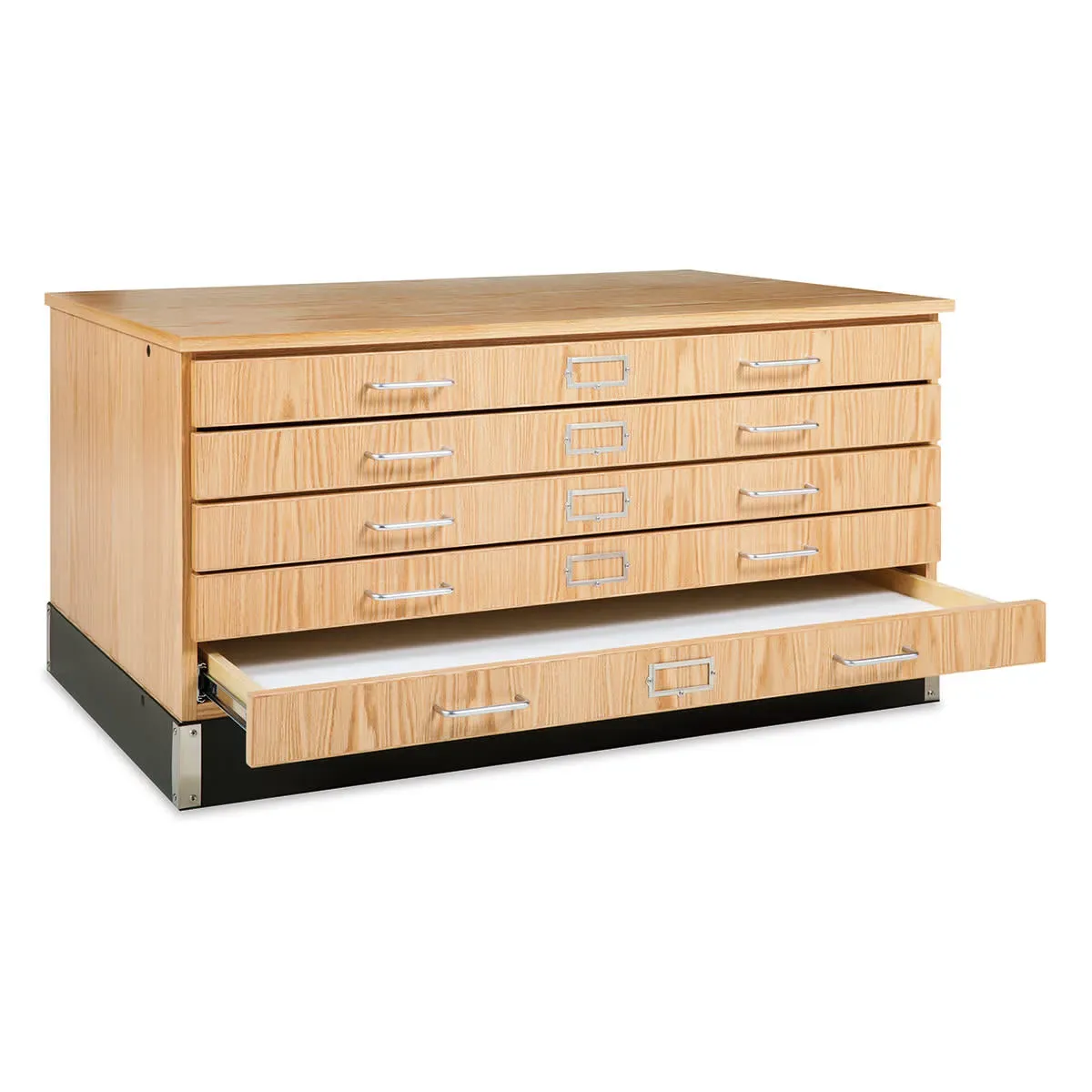 Various flat file options with metal and wood finishes for organizing artwork