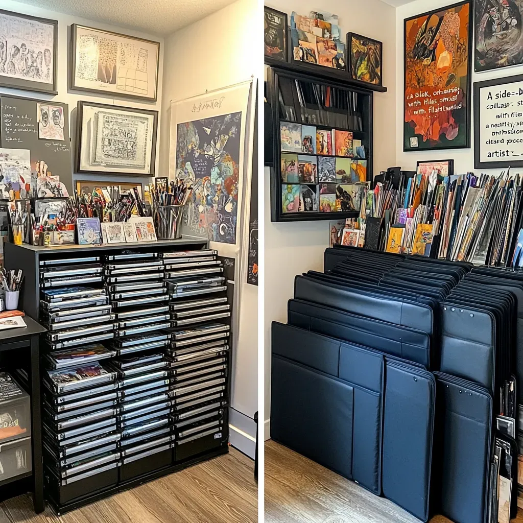 Side-by-side comparison of a flat file cabinet and an artist portfolio case