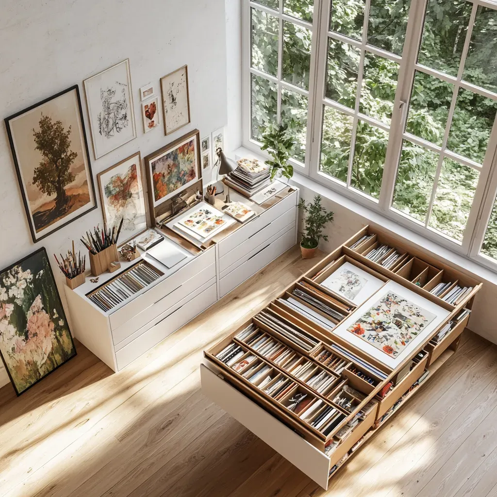 Organized artist studio with flat file system for artwork storage