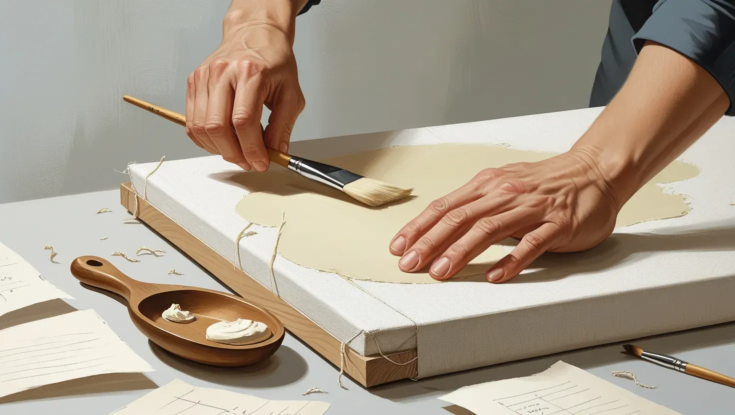 Artist stretching linen fabric over a wooden frame for canvas preparation