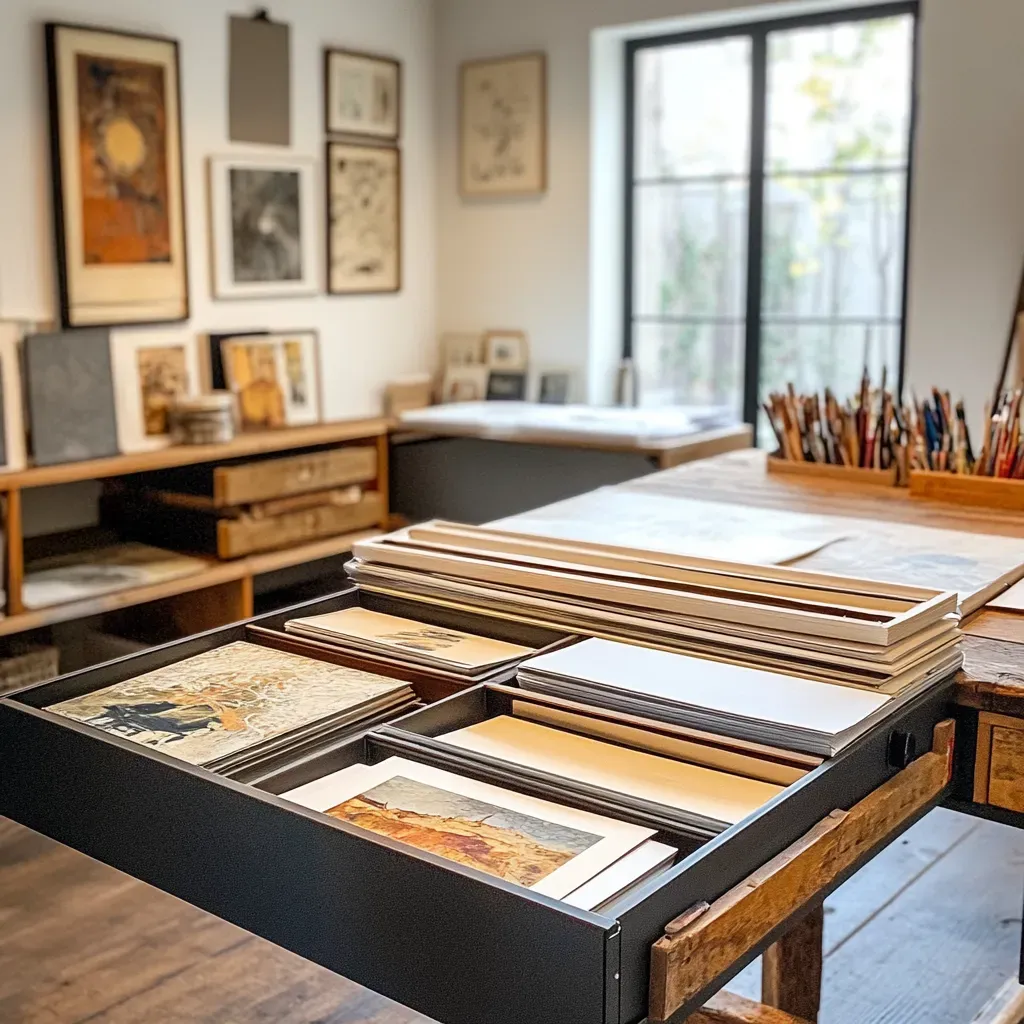 Artist placing a drawing into a flat file drawer for safe storage
