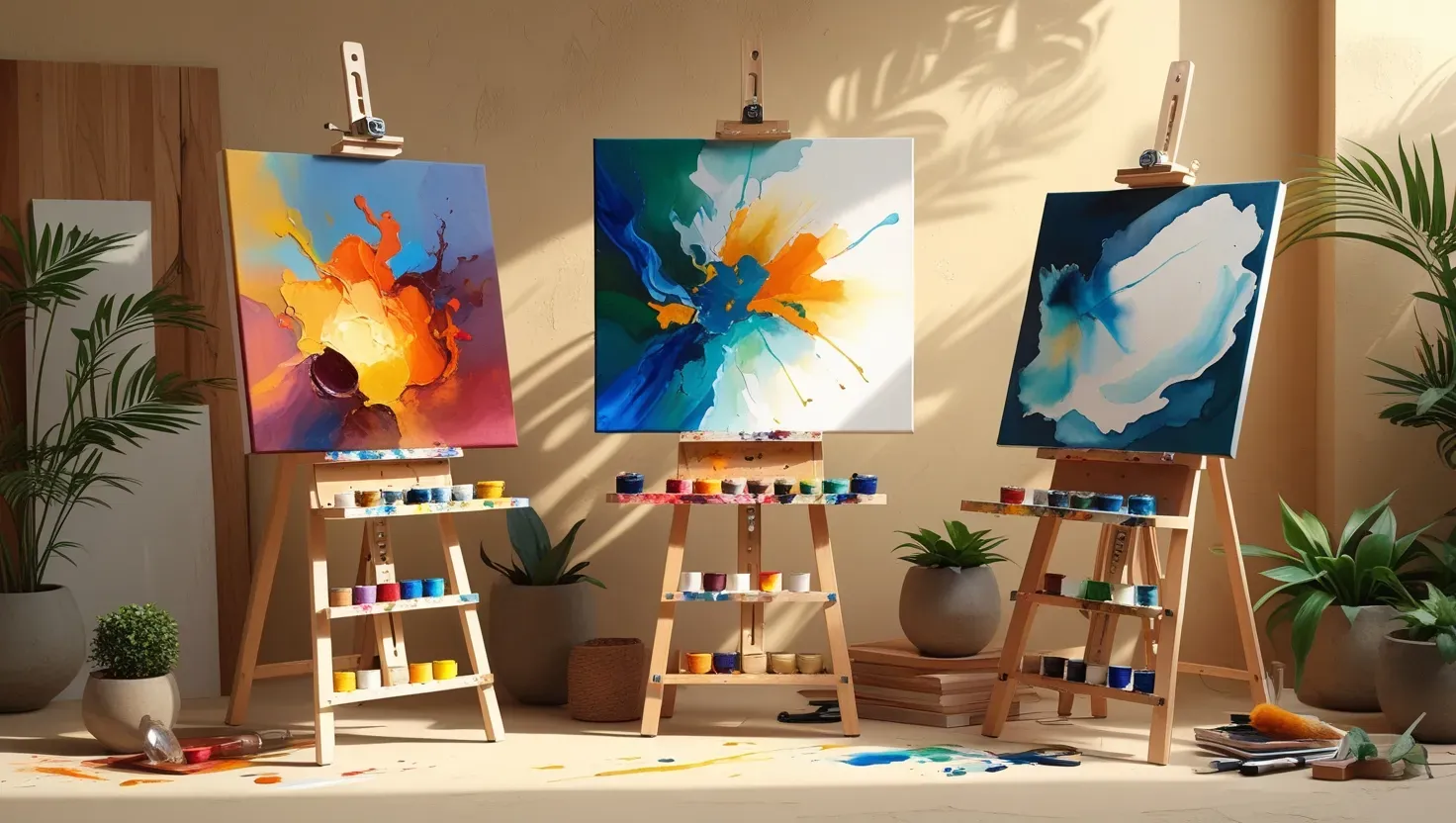 Selection of easels suitable for oil, acrylic, and watercolor painting in a studio setting