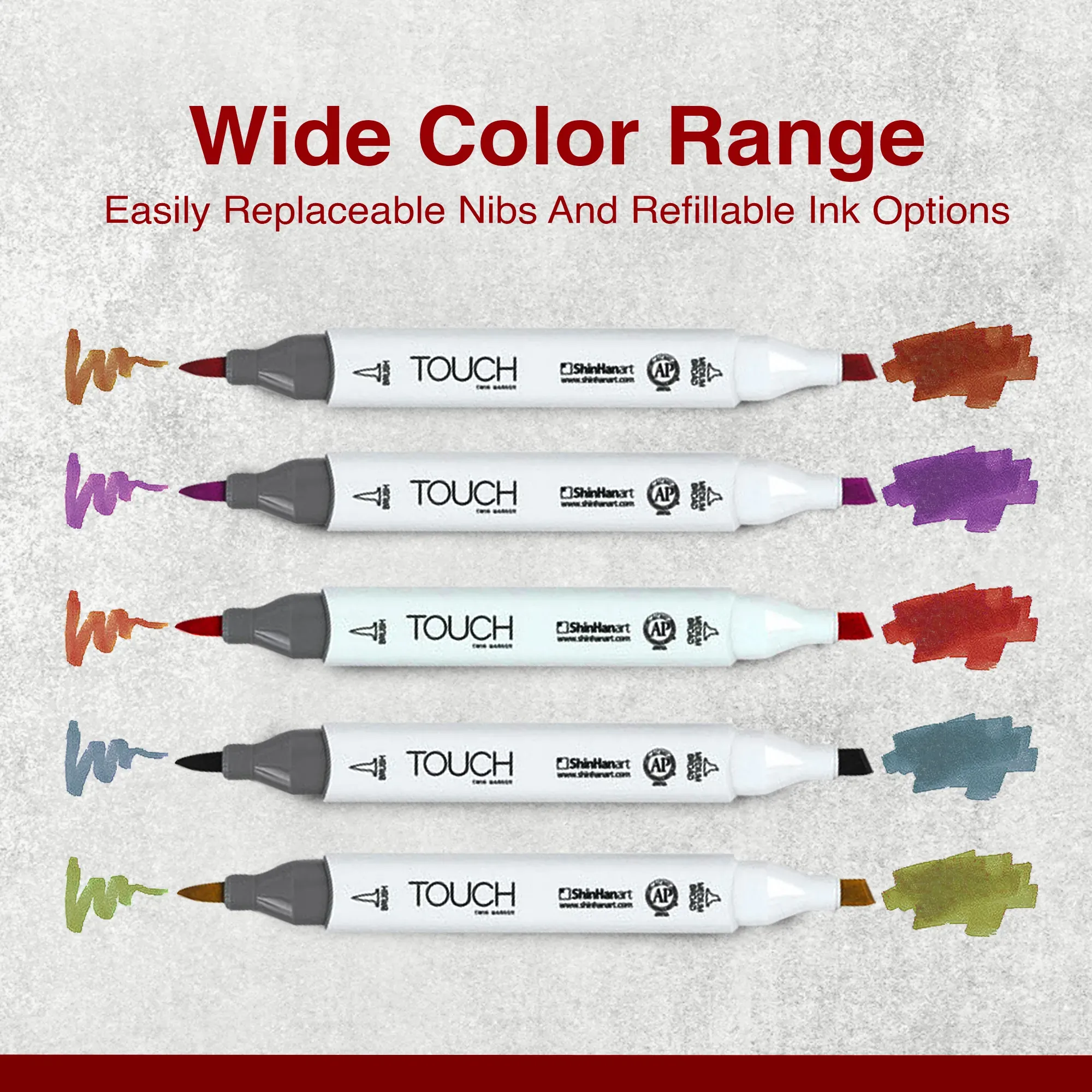Front view of a ShinHan Touch Twin Brush Marker showing brand label, color code, and dual-tip design