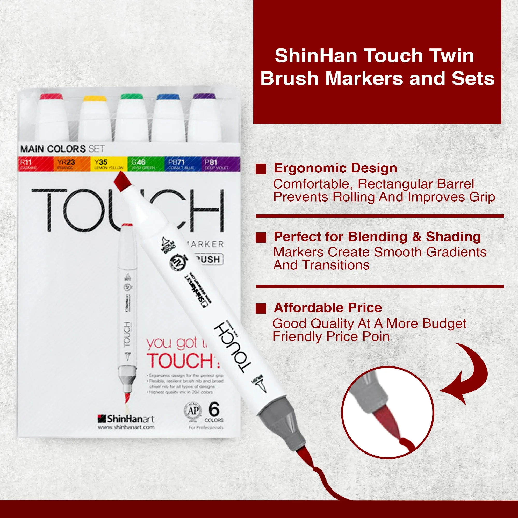 Artist coloring an illustration using ShinHan Touch Twin Brush Markers, blending vibrant tones on paper