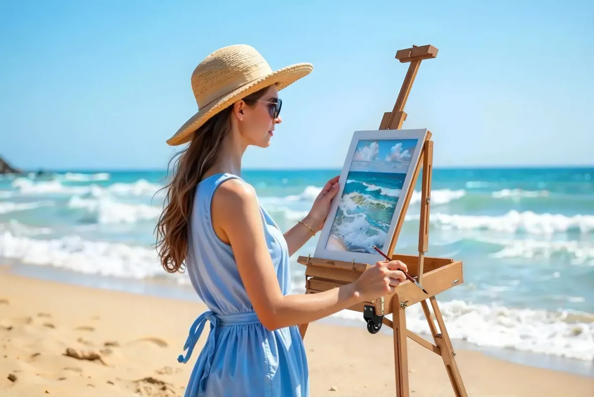 A selection of easels suited for oil, acrylic, and watercolor painting, displayed with relevant painting tools