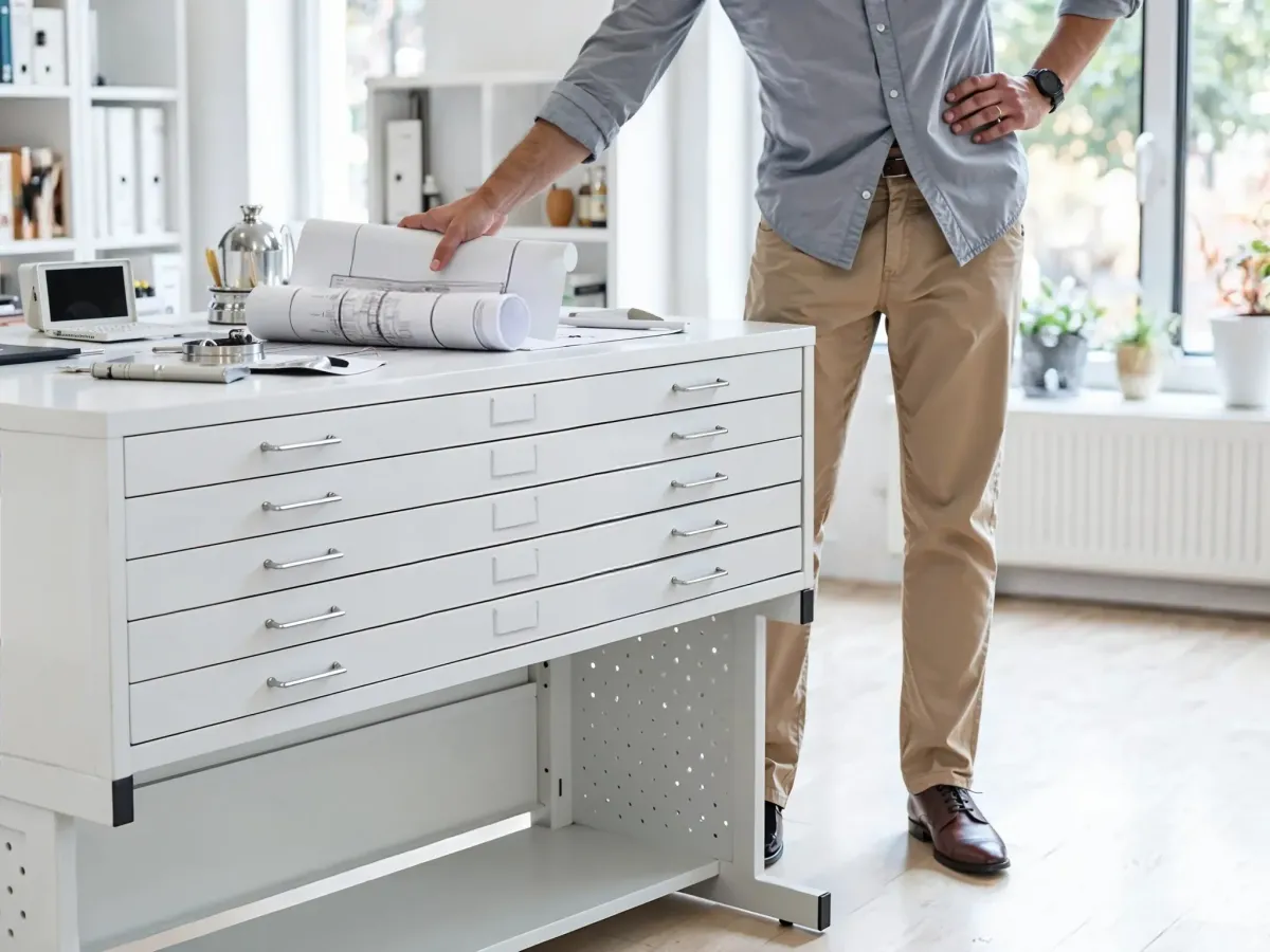 An artist carefully placing artwork into a flat file with protective sheets, ensuring safe and organized storage
