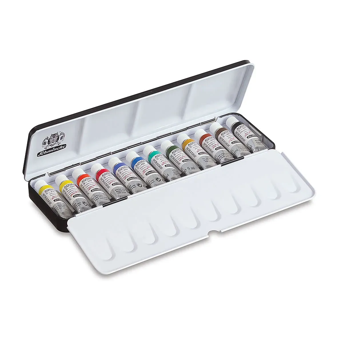 Assorted Schmincke Horadam watercolor tubes and sets with vibrant painted swatches on watercolor paper