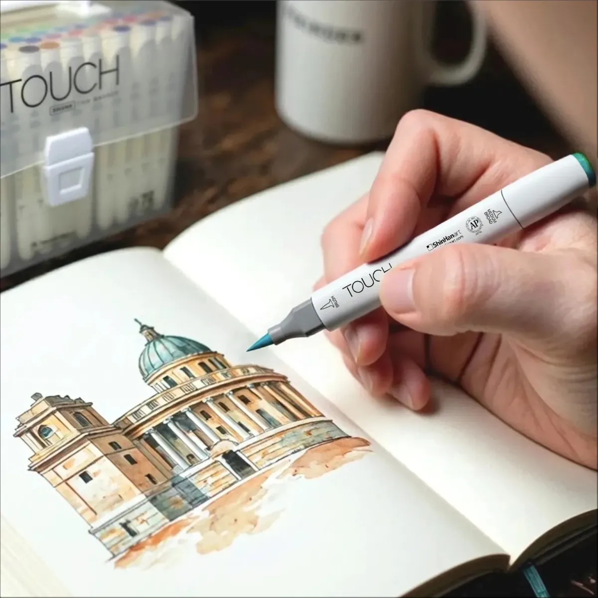 Complete set of ShinHan Touch Twin Brush Markers neatly organized in a case, showcasing a wide color range