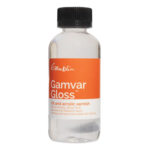 Gamblin Gamvar Varnish bottle for oil and acrylic paintings in gloss, matte, and satin finishes