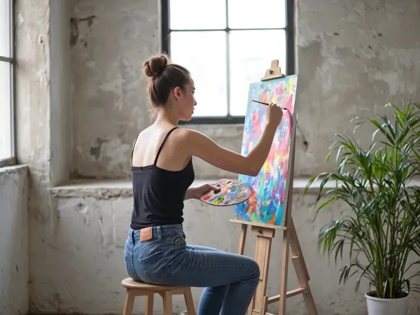 An artist adjusting the angle and height of an easel to achieve optimal painting posture and canvas positioning