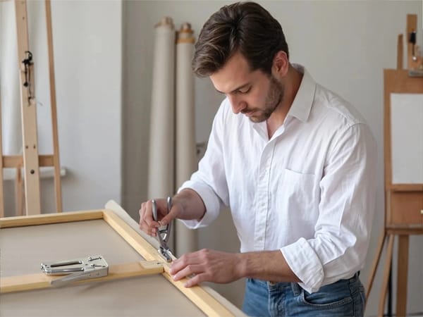 Stacked linen canvases stored flat with acid-free paper for protection