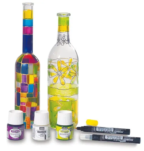 Pébéo Vitrea 160 glass paint bottles in assorted colors lined up for display