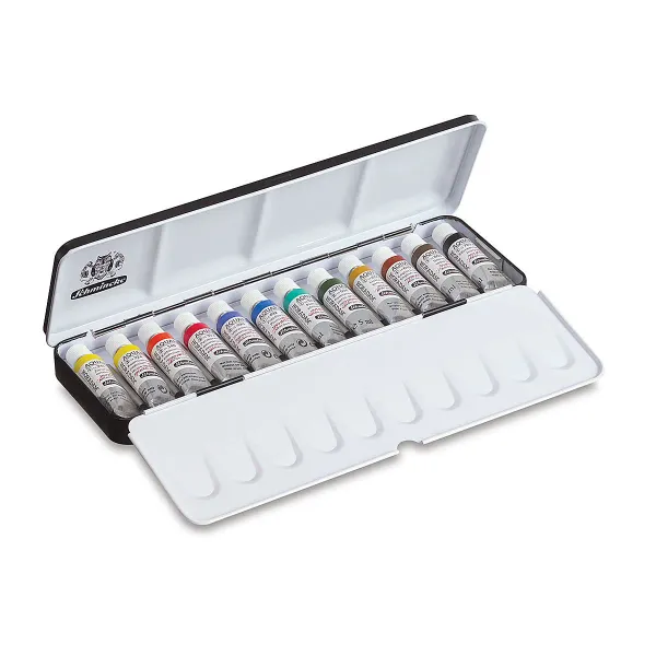 Assorted Schmincke Horadam watercolor tubes and sets with vibrant painted swatches on watercolor paper