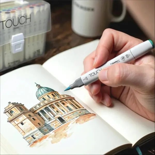 Complete set of ShinHan Touch Twin Brush Markers neatly organized in a case, showcasing a wide color range