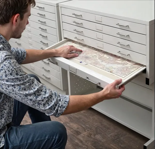 A flat file drawer filled with neatly organized artwork, demonstrating an ideal storage solution for protecting finished pieces