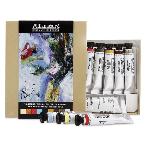 Tubes of Williamsburg Handmade Oil Paints in various rich colors laid out on an artist’s palette