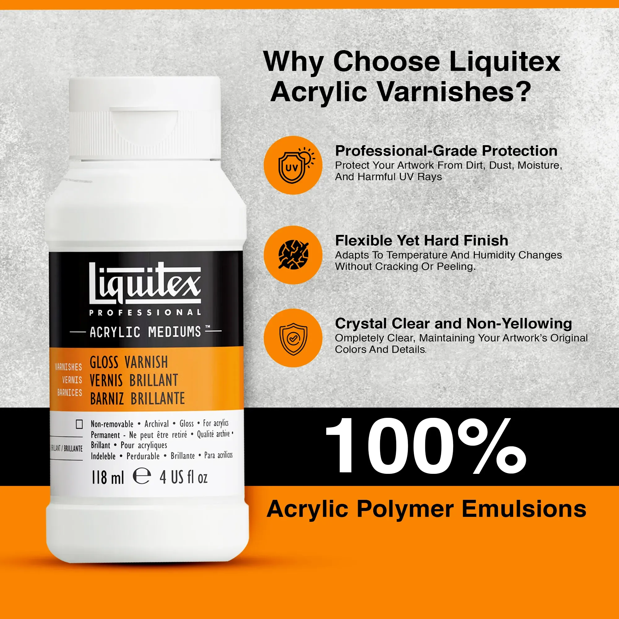 Close-up of a Liquitex Acrylic Varnish bottle showing label details and product finish