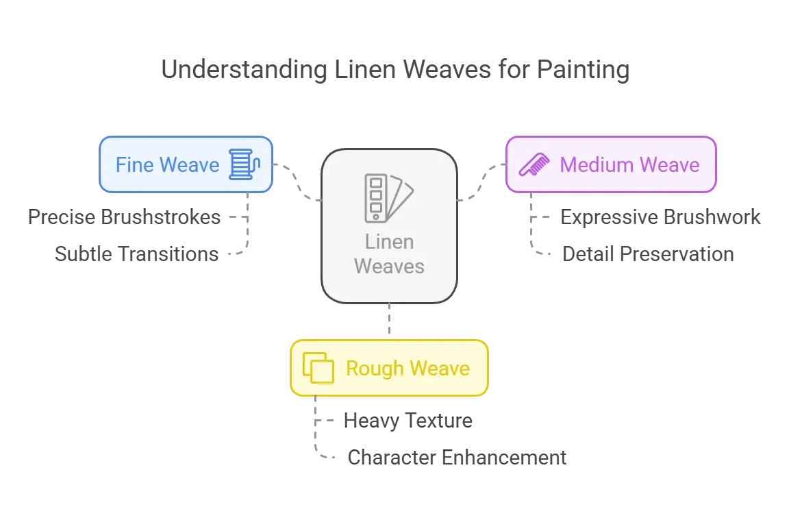 Artist comparing different types of linen canvases in an art store