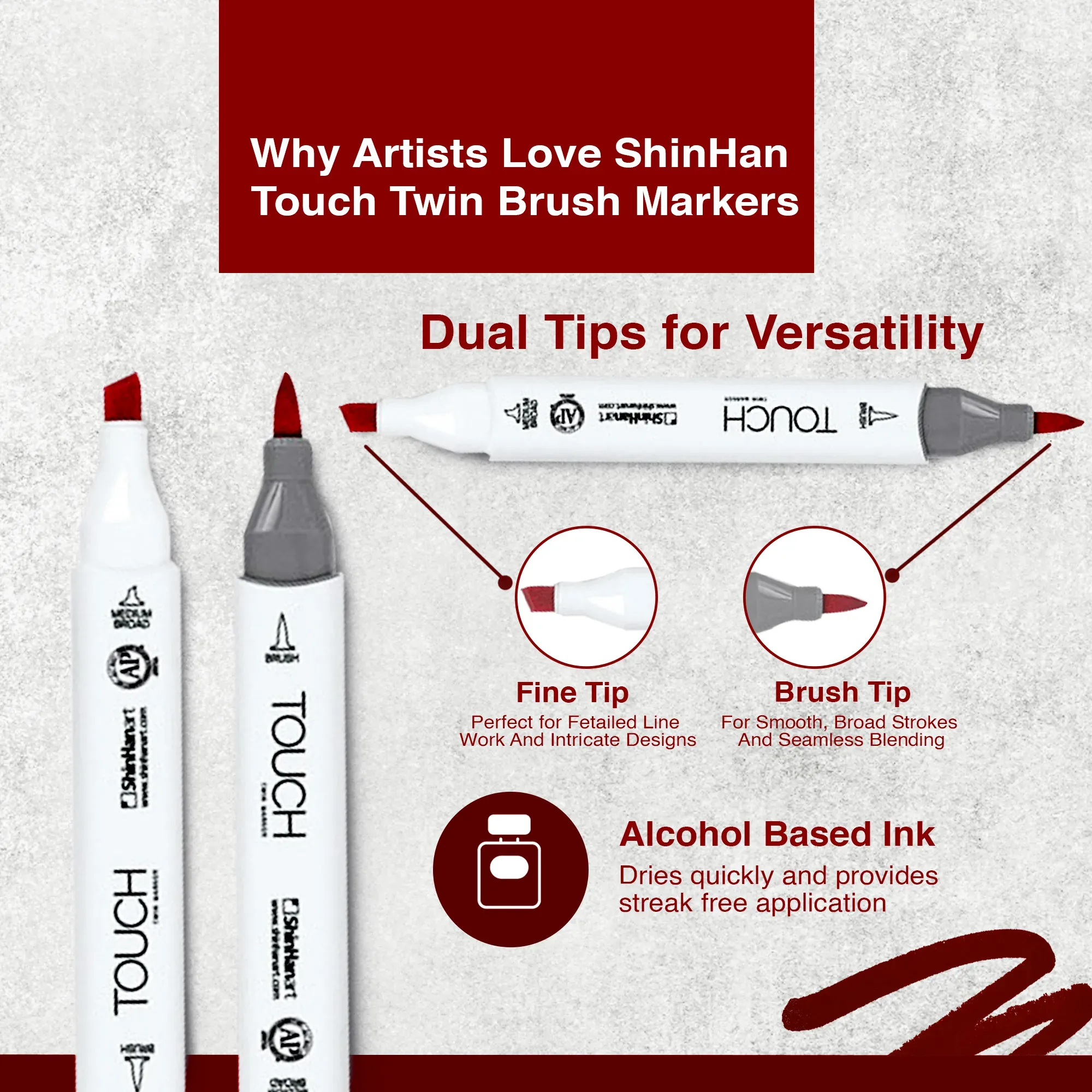 Close-up view of ShinHan Touch Twin Brush Marker tips, showing dual brush and chisel ends for versatile use