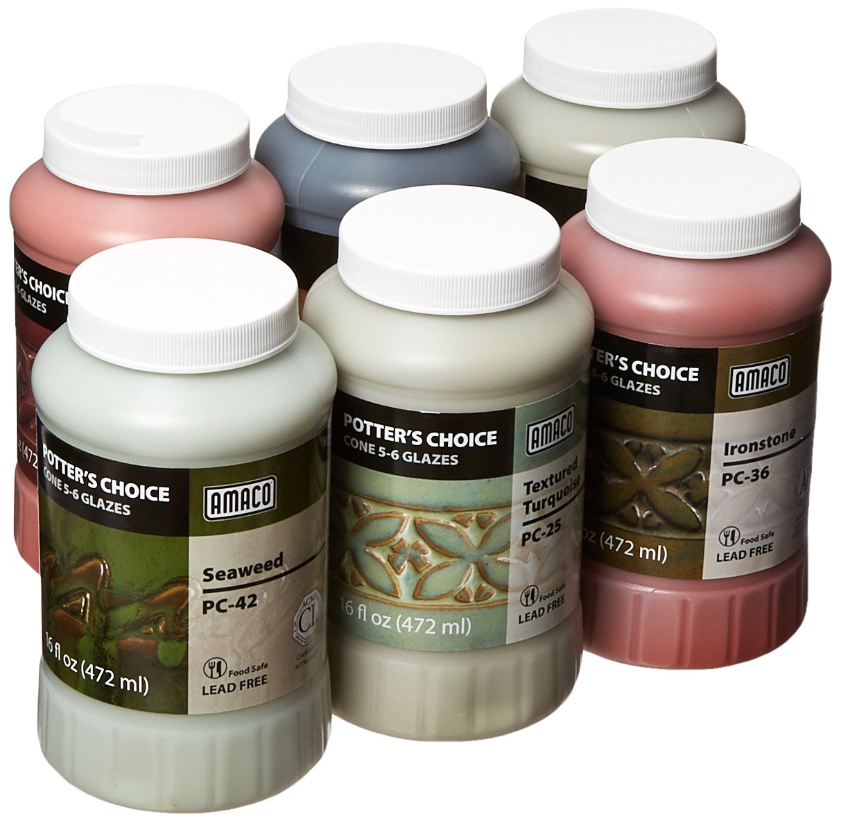 Set of 6 "Amaco Potter's Choice Glazes" bottles showcasing vibrant color options.