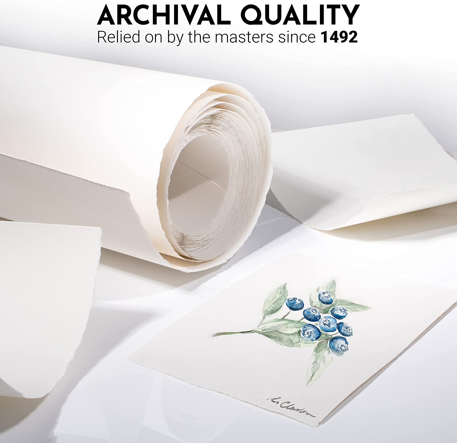 Few Arches Natural White Watercolor Papers are present , with a roll of pristine white paper alongside, showcasing the product's quality and versatility.