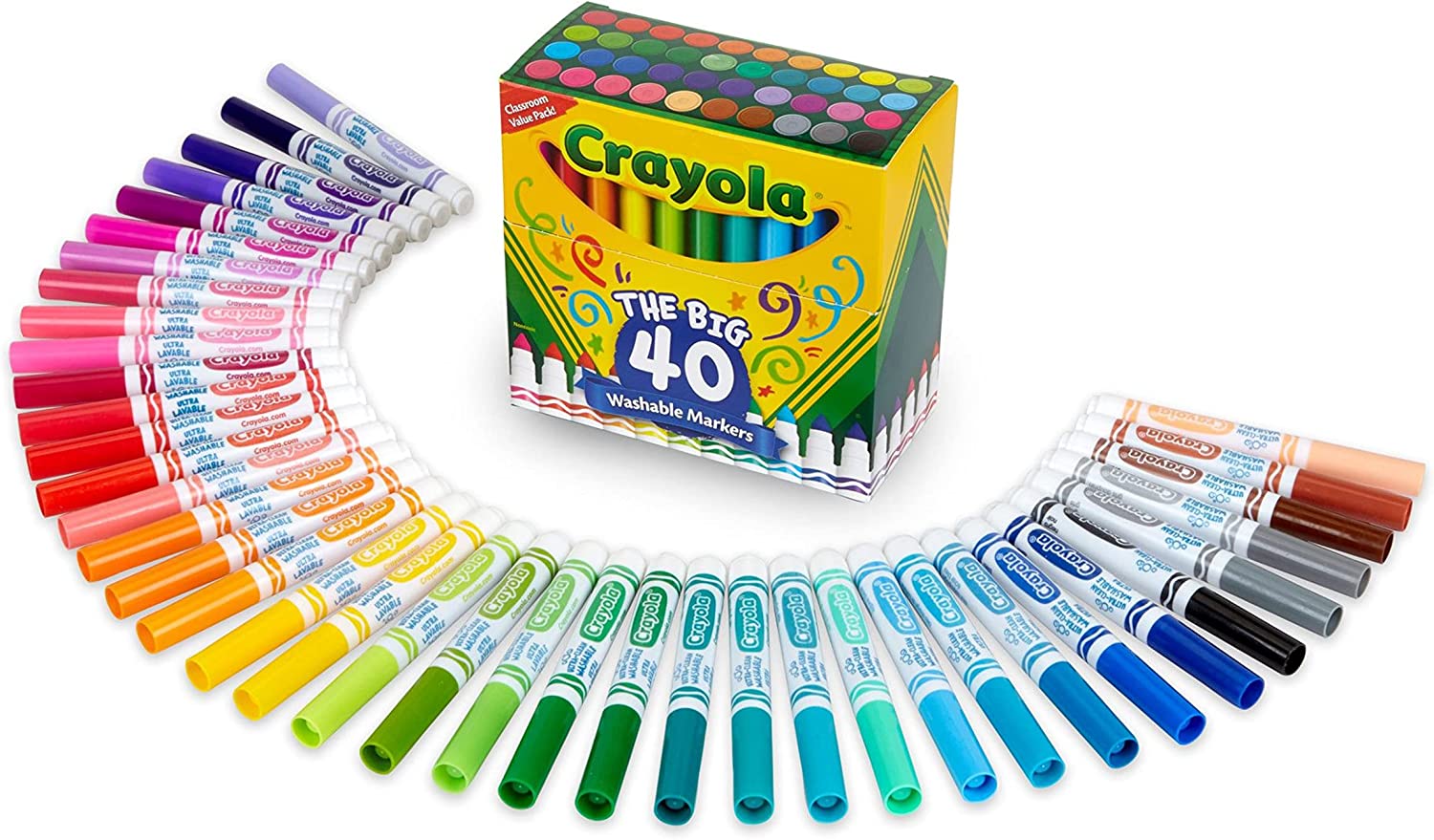 Image of a circular pack of 40 Crayola Ultra-Clean Markers, featuring vibrant colors and durable tips.