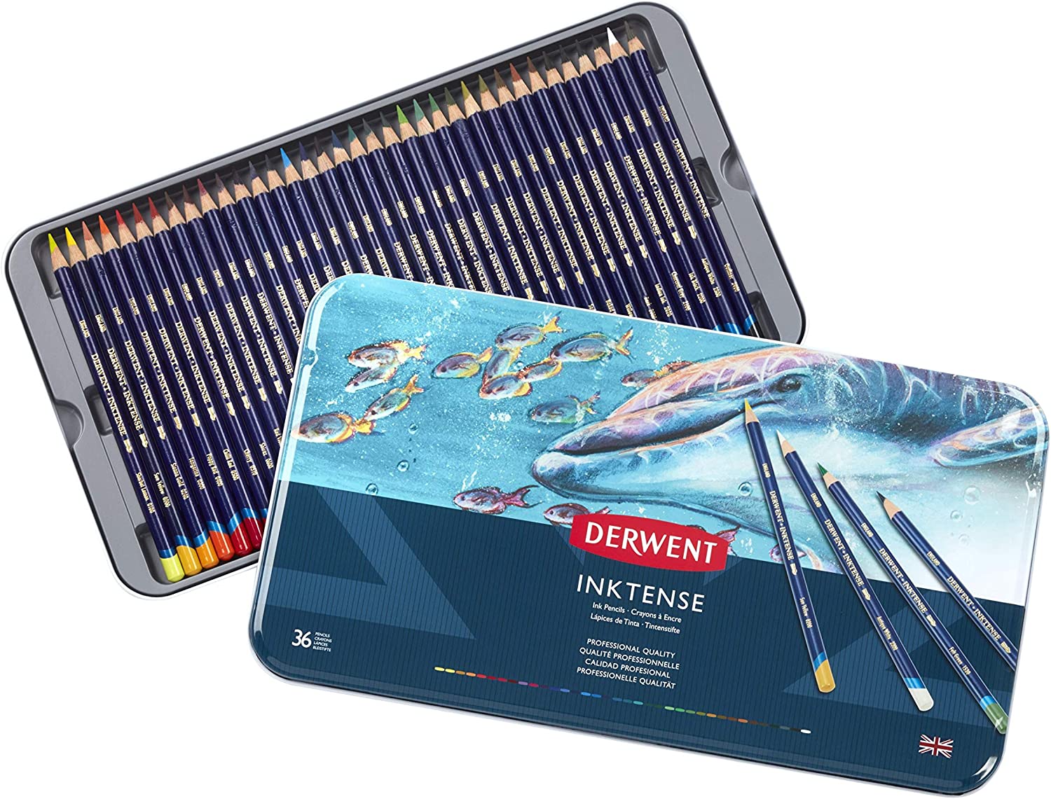 Derwent Inktense Pencils Tin Set of 36 - an ideal holiday gift! Firm-textured, water-soluble, and versatile for watercolor, drawing, and coloring.