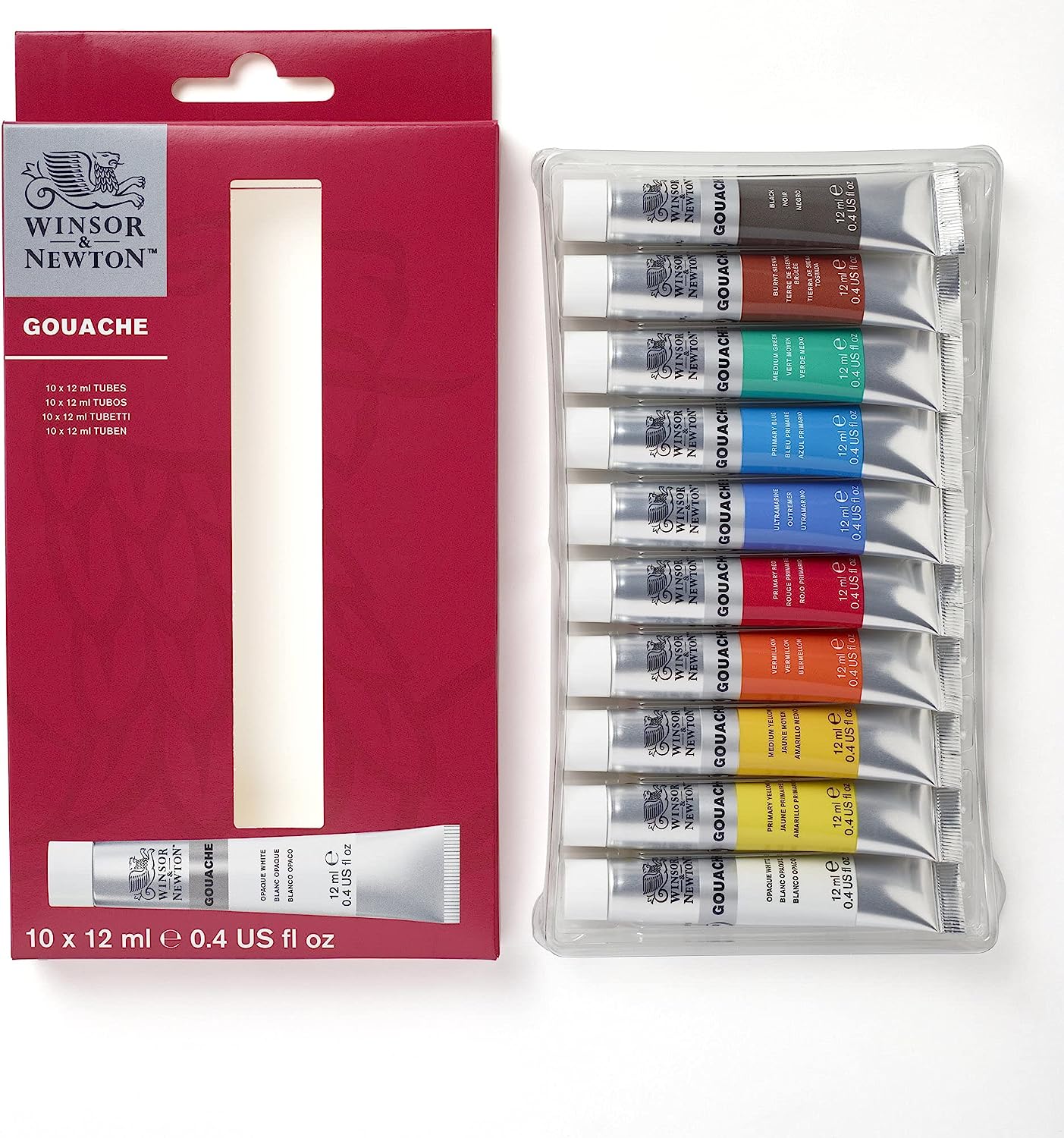 Winsor & Newton Designers Gouache box set containing 10 tubes of different colors.