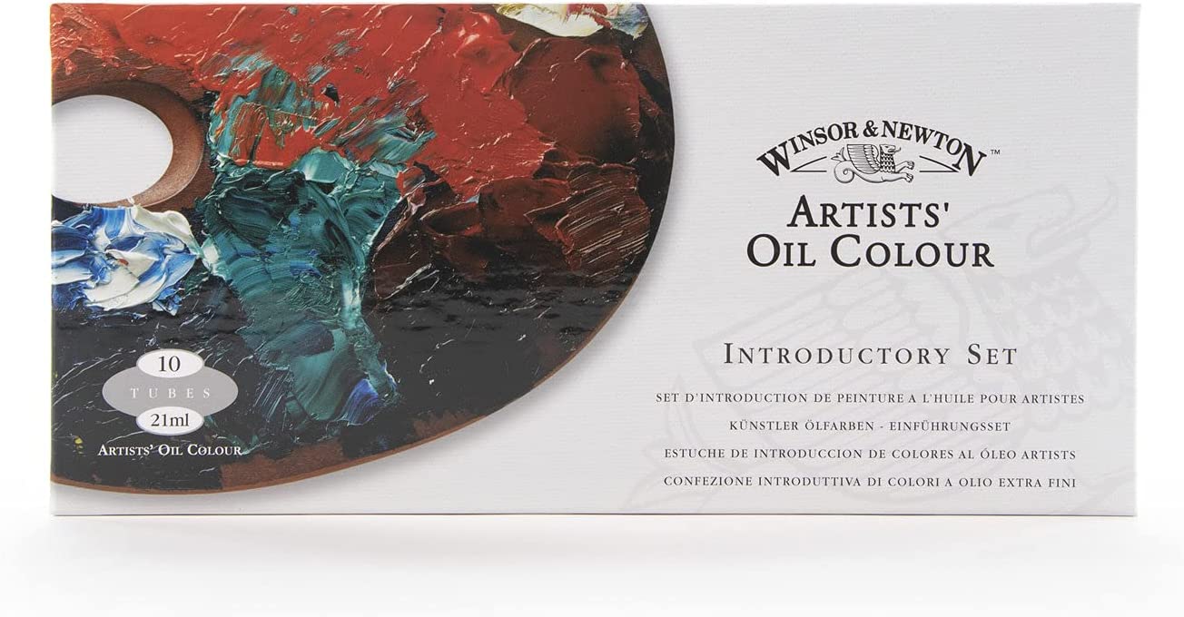 A box pack of Winsor & Newton Oil Paints containing 10 tubes of different color shades