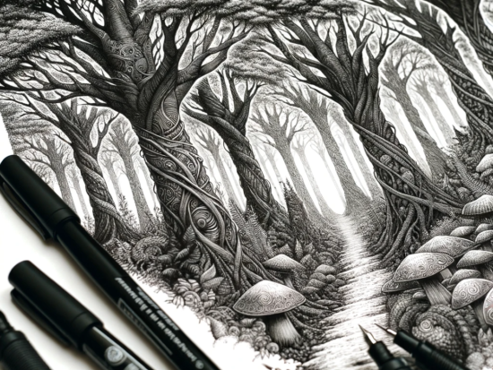 detailed black and white ink drawing of an enchanted forest